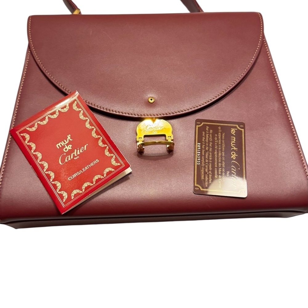 Must de Cartier Bordeaux Authentic Top Handle Flap Handbag Red Gold Turn Lock